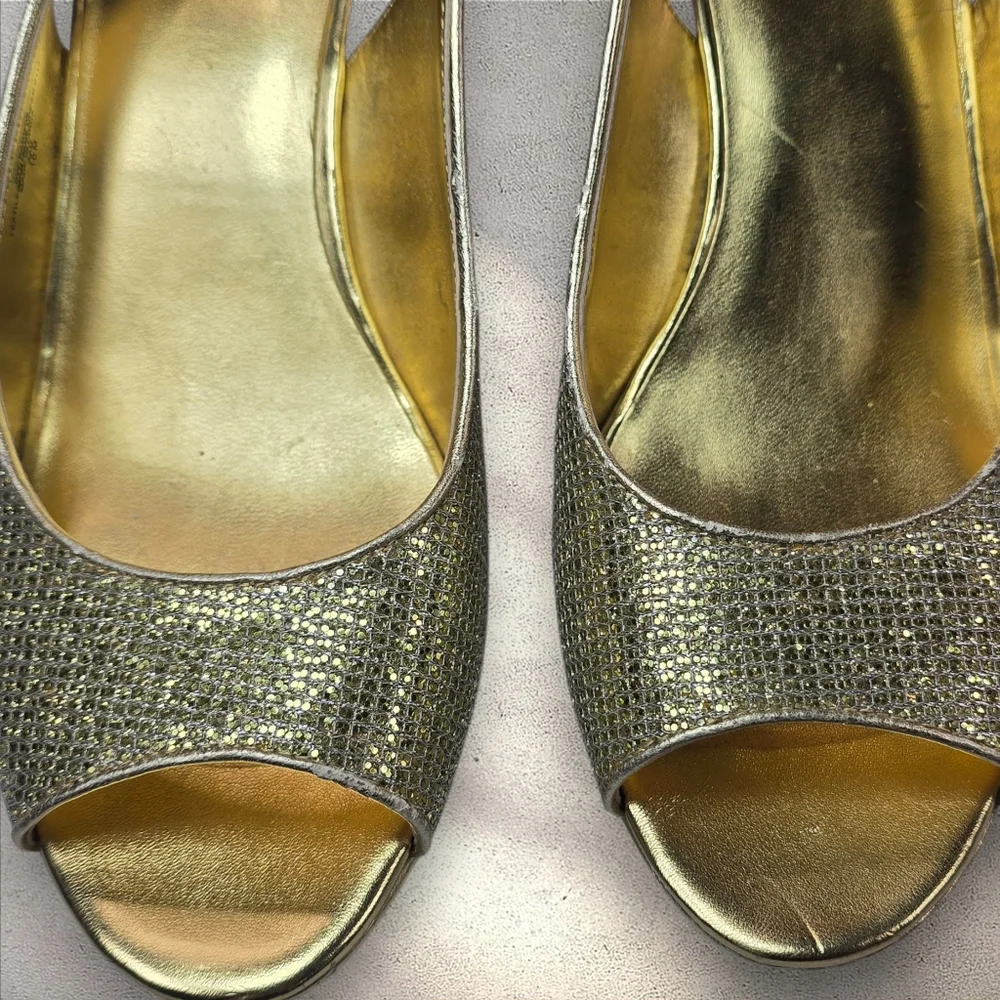 Nine West Gold‎ Metallic Glitter Slingback Heels Size 10